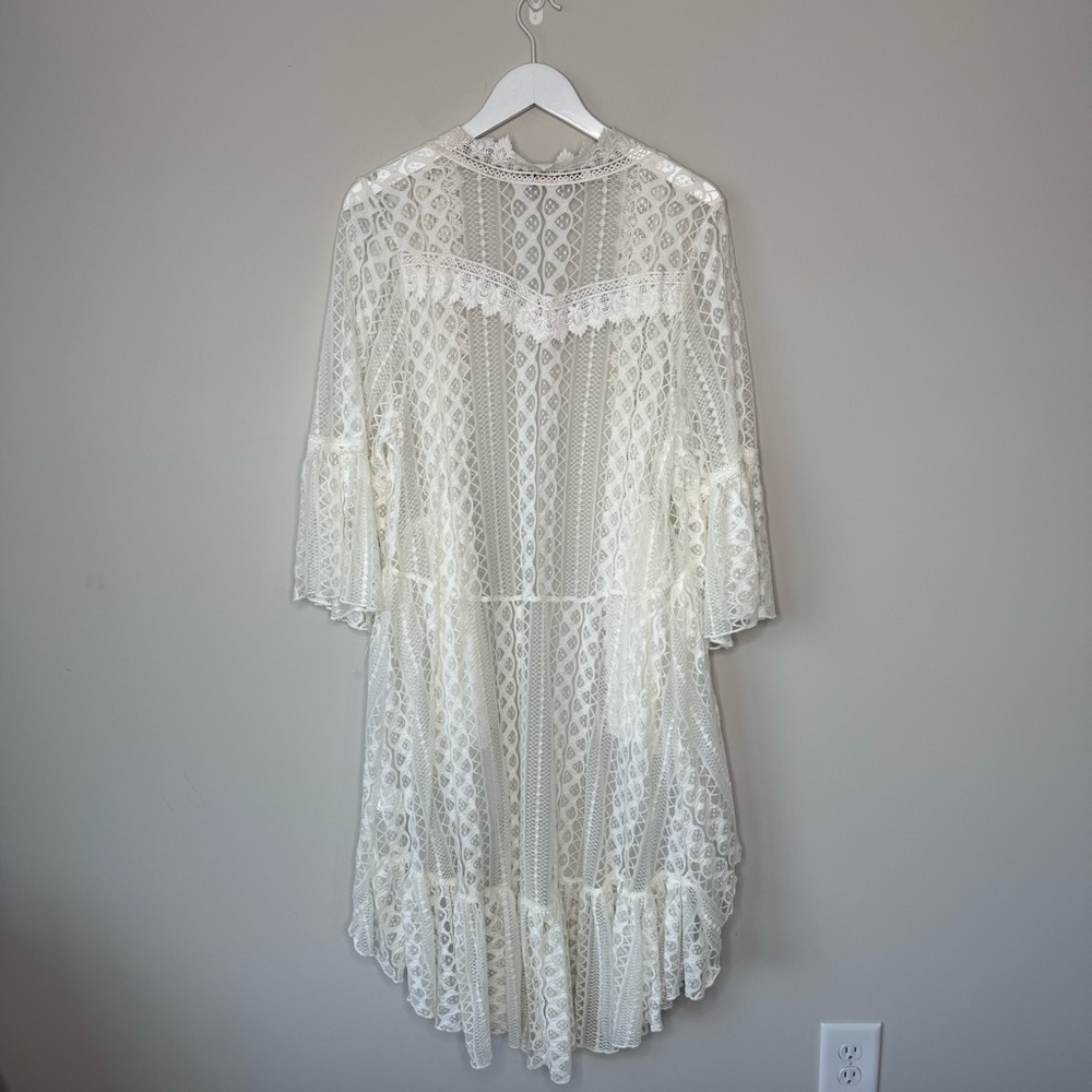 Origami | White Lace Duster Cardigan Sheer Lace Hi Lo Hem Boho Western Sz Small - Picture 5 of 8